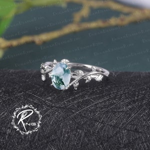 Oval cut Moss Agate Engagement Ring Leaf and vine Engagement Ring White Gold Ring Nature Inspired Alternative Gemstone Promise ring for her zdjęcie 7