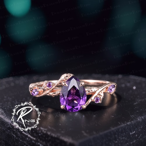 Bague de fiançailles unique en améthyste en forme de poire, bague de fiançailles en or rose, bague en forme de feuille, bague de mariée inspirée de la nature, bague d'anniversaire torsadée