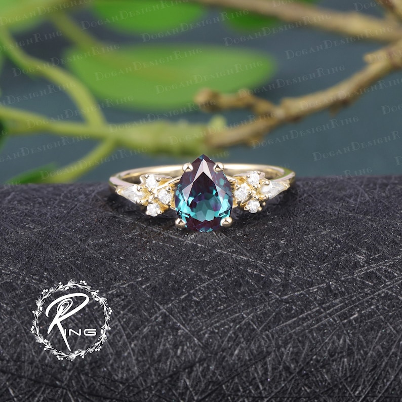 Vintage Pear shaped Alexandrite engagement ring Rose Gold Engagement Ring Unique Kite Cut Diamond Cluster Ring Art deco Promise Bridal ring image 5