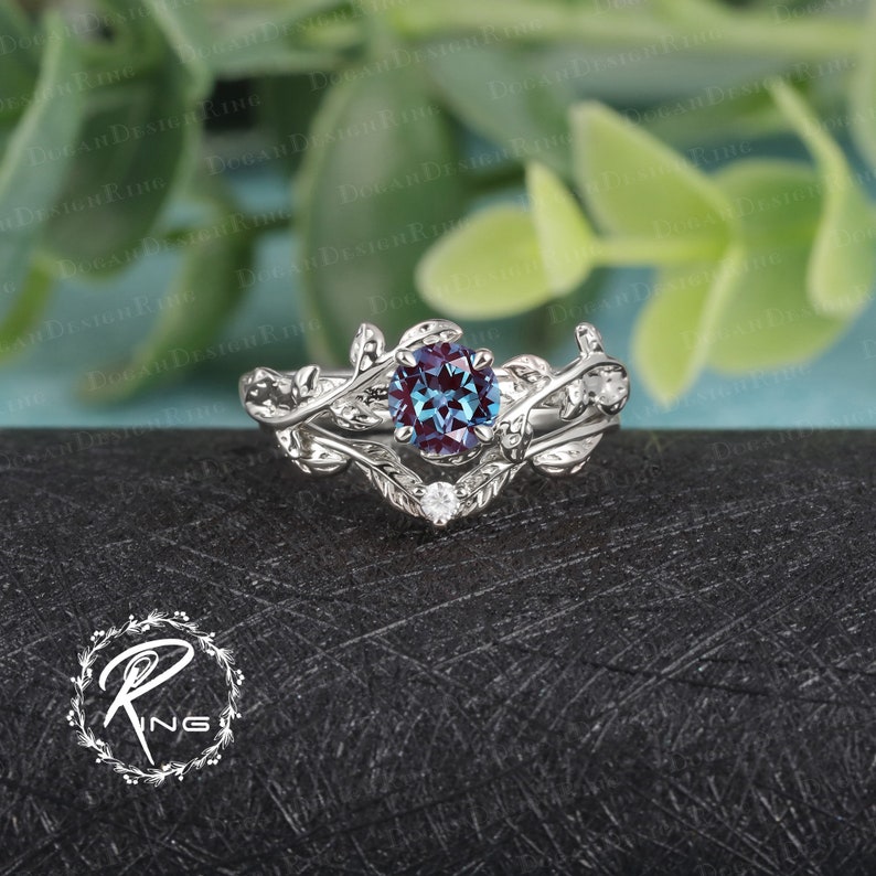 6.0 MM Alexandrite Engagement Ring Leaf and vine Engagement Ring White Gold Ring Nature Inspired Alternative Gemstone Promise ring for her Alexandrite Set (A)