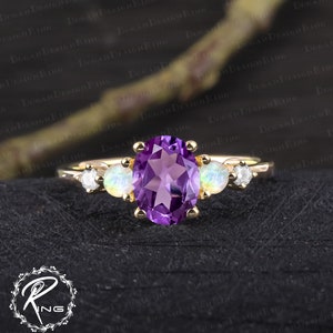 Unique oval cut amethyst engagement ring set Art deco purple gemstone promise ring Solid 14k rose gold bridal sets Handmade jewelry gifts image 6