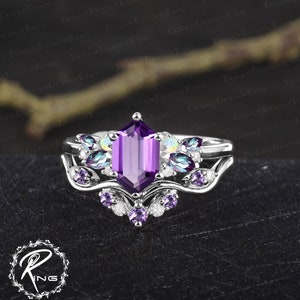 Vintage long hexagon cut amethyst engagement ring sets Art deco promise ring solid 14k 18k rose gold bridal sets Anniversary gifts for women image 9