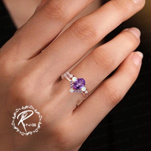 Unique oval cut amethyst engagement ring set Art deco purple gemstone promise ring Solid 14k rose gold bridal sets Handmade jewelry gifts image 4