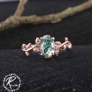 Oval cut Moss Agate Engagement Ring Leaf and vine Engagement Ring White Gold Ring Nature Inspired Alternative Gemstone Promise ring for her imagem 9