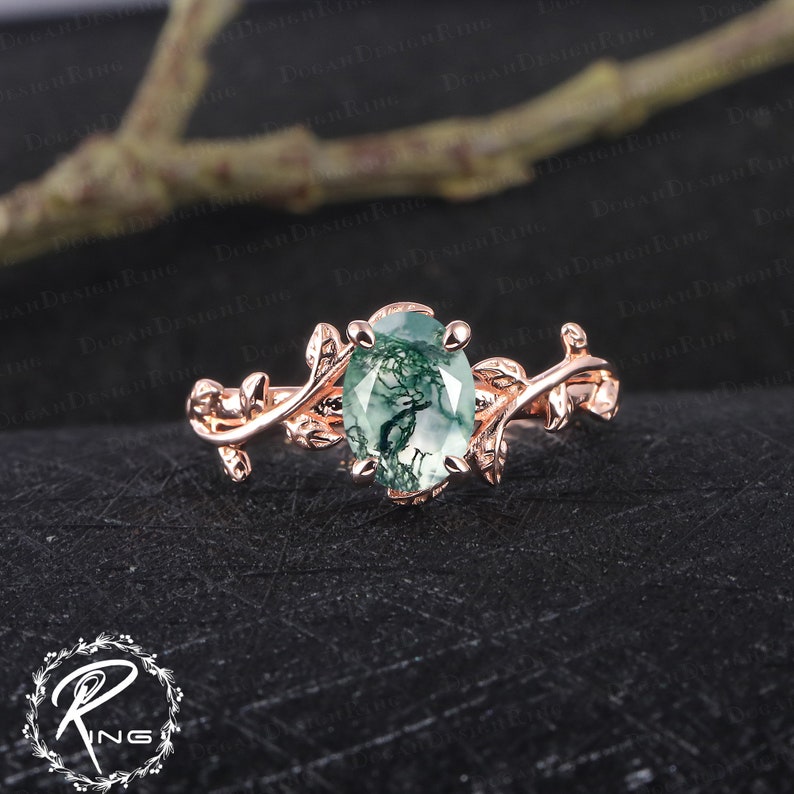 Oval cut Moss Agate Engagement Ring Leaf and vine Engagement Ring White Gold Ring Nature Inspired Alternative Gemstone Promise ring for her zdjęcie 9