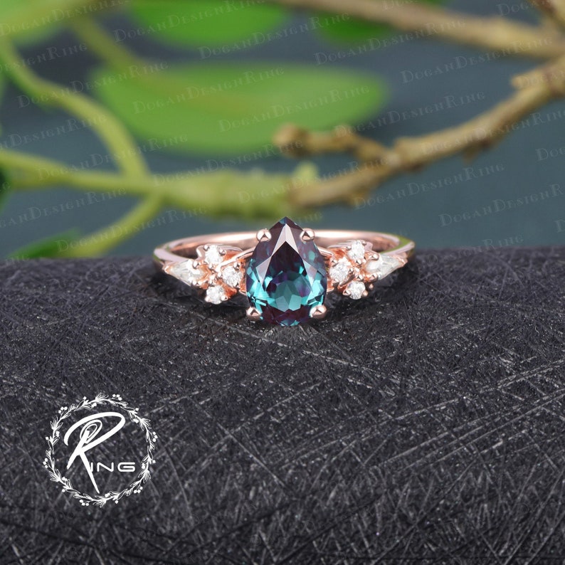 Vintage Pear shaped Alexandrite engagement ring Rose Gold Engagement Ring Unique Kite Cut Diamond Cluster Ring Art deco Promise Bridal ring image 1