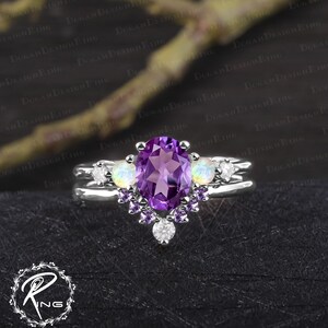 Unique oval cut amethyst engagement ring set Art deco purple gemstone promise ring Solid 14k rose gold bridal sets Handmade jewelry gifts image 8