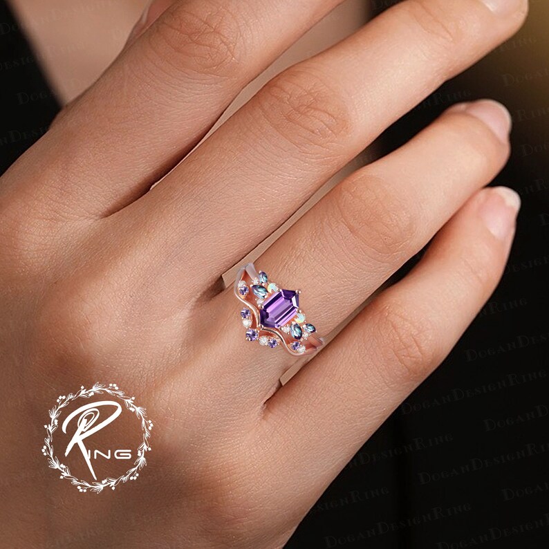 Vintage long hexagon cut amethyst engagement ring sets Art deco promise ring solid 14k 18k rose gold bridal sets Anniversary gifts for women image 4