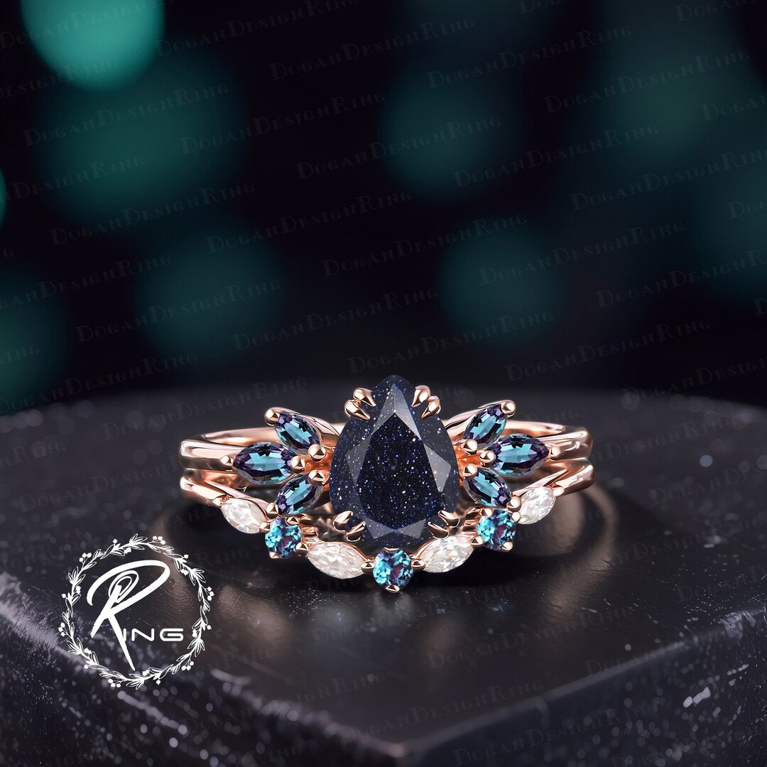 Unique Pear Shaped Blue Sandstone Engagement Ring Sets Vintage 14K Rose ...