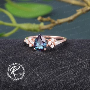 Vintage Pear shaped Alexandrite engagement ring Rose Gold Engagement Ring Unique Kite Cut Diamond Cluster Ring Art deco Promise Bridal ring image 3