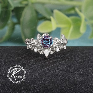 6.0 MM Alexandrite Engagement Ring Leaf and vine Engagement Ring White Gold Ring Nature Inspired Alternative Gemstone Promise ring for her Alexandrite Set (C)