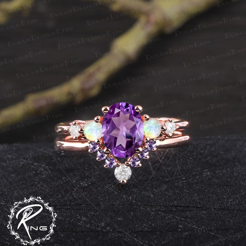 Unique oval cut amethyst engagement ring set Art deco purple gemstone promise ring Solid 14k rose gold bridal sets Handmade jewelry gifts 2PCS bridal set