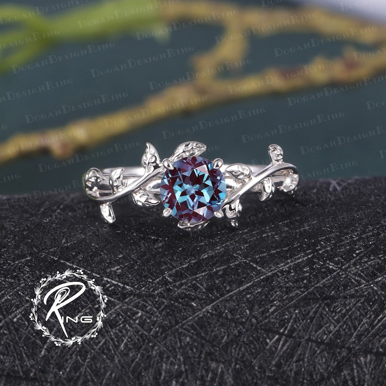 6.0 MM Alexandrite Engagement Ring Leaf and vine Engagement Ring White Gold Ring Nature Inspired Alternative Gemstone Promise ring for her image 8