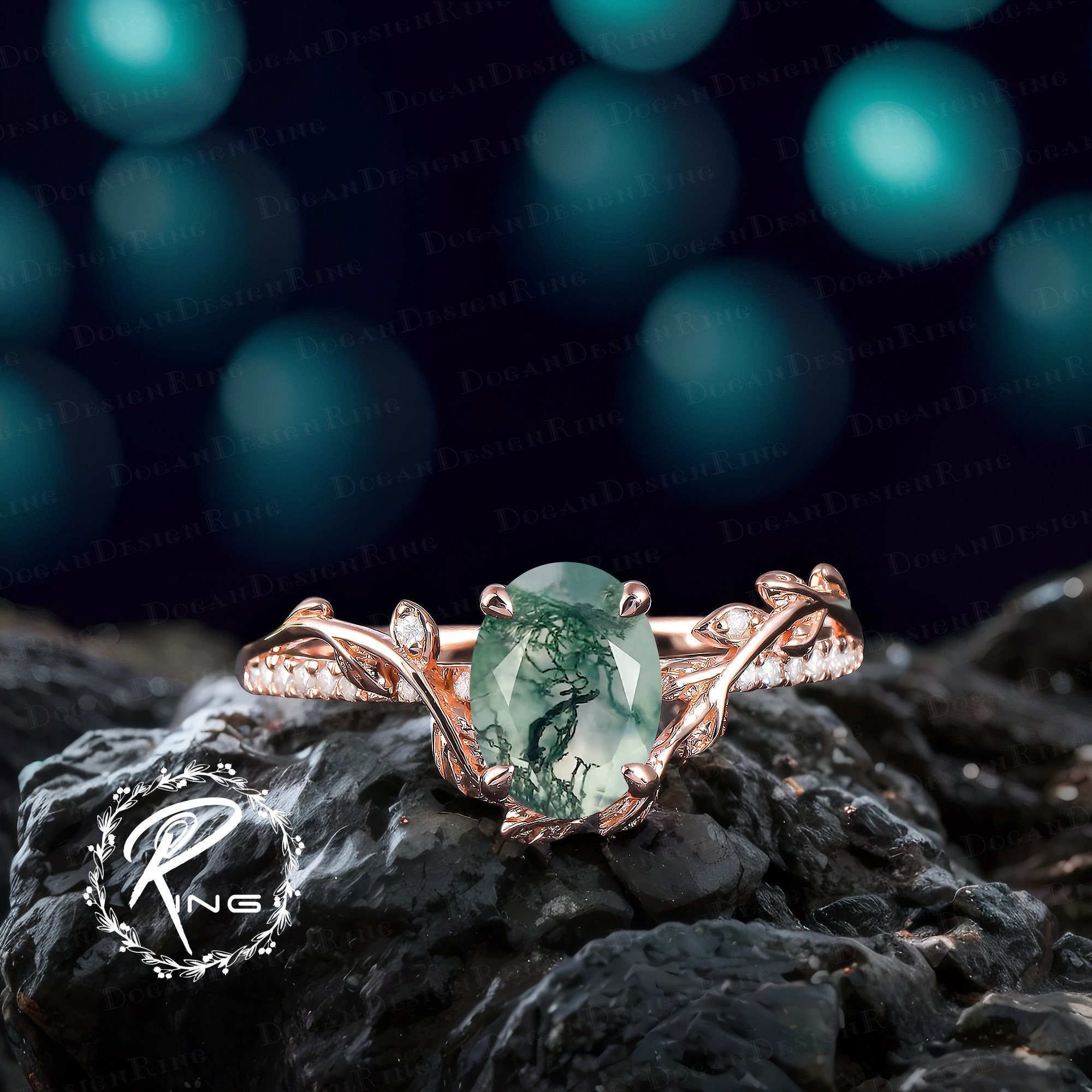 Vintage oval cut moss agate engagement ring Rose gold promise ring Nature inspired art deco leaf ring Gemstone Unique Anniversary gifts