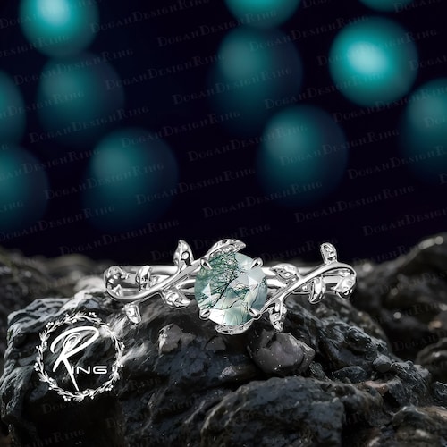 Bague de fiançailles en agate mousse de 6,0 mm Bague de fiançailles en feuille et vigne Bague en or blanc Pierre précieuse alternative inspirée de la nature Bague de promesse pour elle