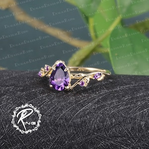 Unique Pear Shaped Amethyst Engagement Ring Rose Gold Engagement Ring Leaf Design Ring Nature Inspired Bridal ring Twist Anniversary Ring image 7