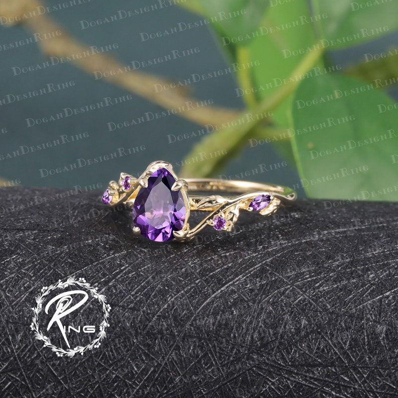 Unique Pear Shaped Amethyst Engagement Ring Rose Gold Engagement Ring Leaf Design Ring Nature Inspired Bridal ring Twist Anniversary Ring image 7