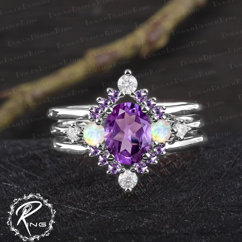 Unique oval cut amethyst engagement ring set Art deco purple gemstone promise ring Solid 14k rose gold bridal sets Handmade jewelry gifts image 10