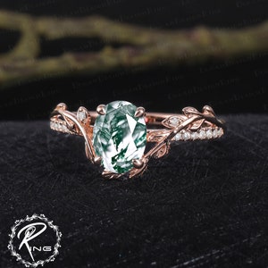 Vintage oval cut moss agate engagement ring Rose gold promise ring Nature inspired art deco leaf ring Gemstone Unique Anniversary gifts image 6