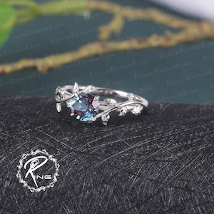 6.0 MM Alexandrite Engagement Ring Leaf and vine Engagement Ring White Gold Ring Nature Inspired Alternative Gemstone Promise ring for her image 9