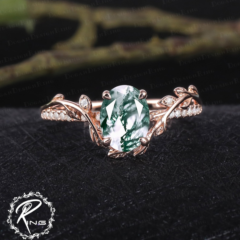 Vintage oval cut moss agate engagement ring Rose gold promise ring Nature inspired art deco leaf ring Gemstone Unique Anniversary gifts image 5