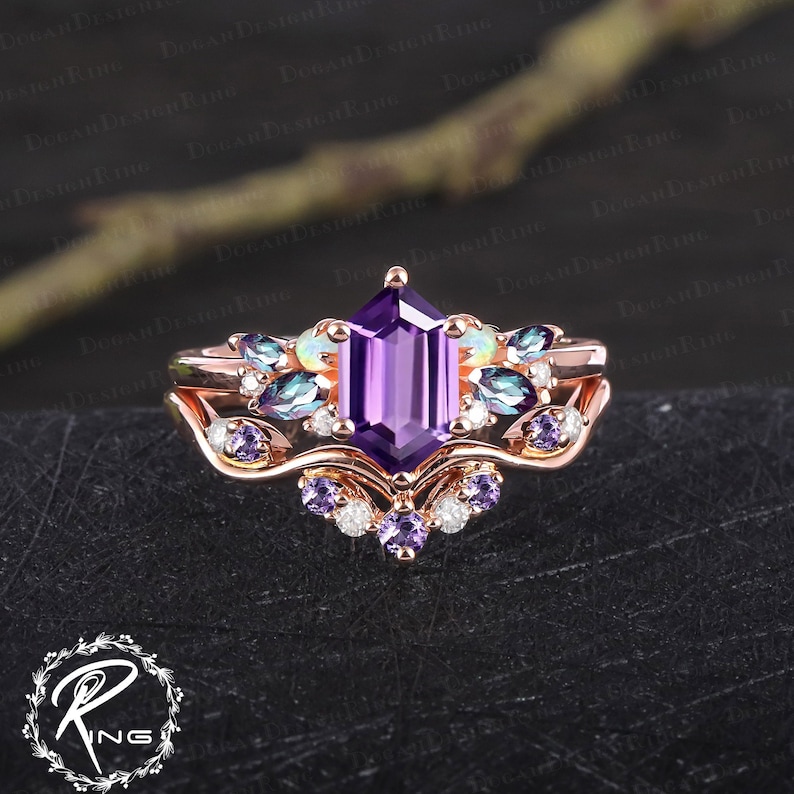 Vintage long hexagon cut amethyst engagement ring sets Art deco promise ring solid 14k 18k rose gold bridal sets Anniversary gifts for women bridal set