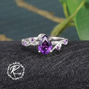 Unique Pear Shaped Amethyst Engagement Ring Rose Gold Engagement Ring Leaf Design Ring Nature Inspired Bridal ring Twist Anniversary Ring image 8