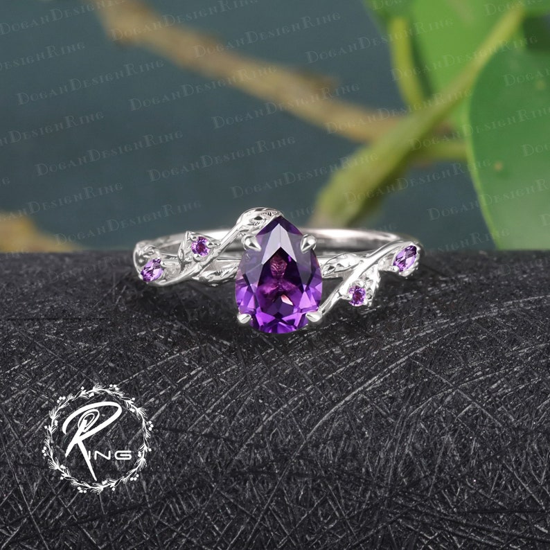 Unique Pear Shaped Amethyst Engagement Ring Rose Gold Engagement Ring Leaf Design Ring Nature Inspired Bridal ring Twist Anniversary Ring image 8