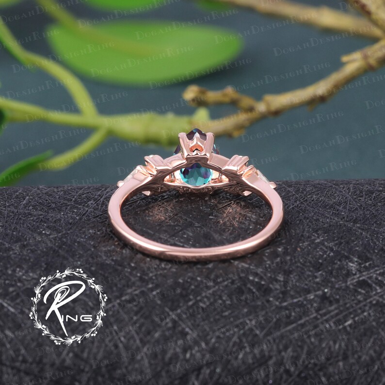 Vintage Pear shaped Alexandrite engagement ring Rose Gold Engagement Ring Unique Kite Cut Diamond Cluster Ring Art deco Promise Bridal ring image 4