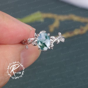 Oval cut Moss Agate Engagement Ring Leaf and vine Engagement Ring White Gold Ring Nature Inspired Alternative Gemstone Promise ring for her zdjęcie 6