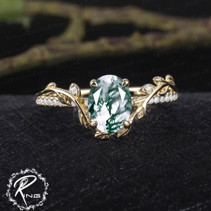 Vintage oval cut moss agate engagement ring Rose gold promise ring Nature inspired art deco leaf ring Gemstone Unique Anniversary gifts image 10