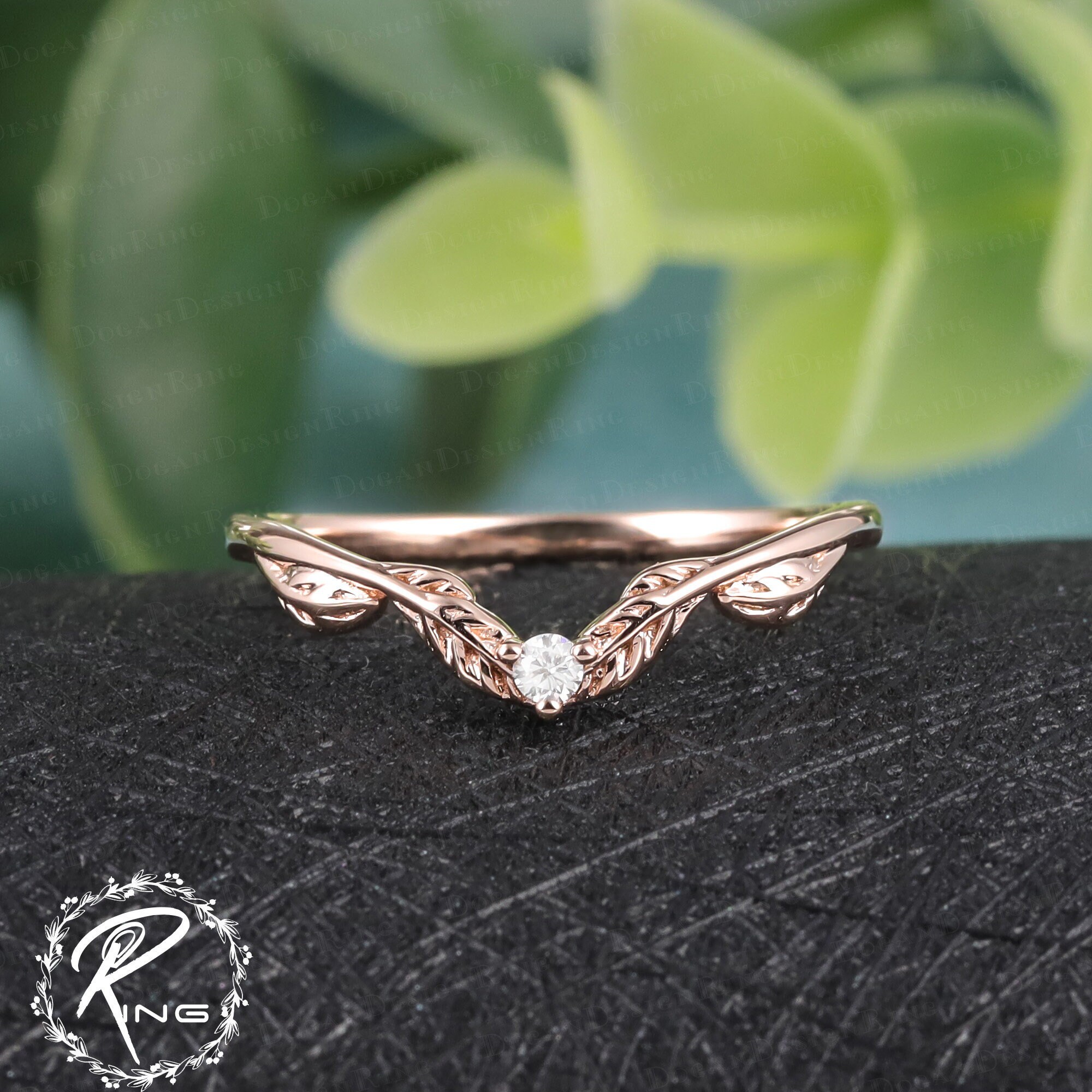 Vintage moissanite leaf wedding ring 14K rose gold curved wedding band Nature Diamond matching band Unique rings for women Anniversary gifts