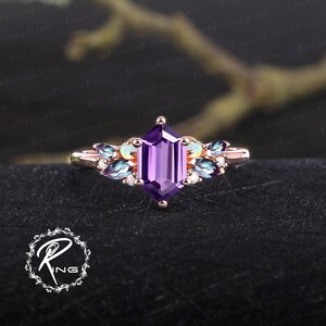 Vintage long hexagon cut amethyst engagement ring sets Art deco promise ring solid 14k 18k rose gold bridal sets Anniversary gifts for women Engagement ring