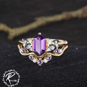 Vintage long hexagon cut amethyst engagement ring sets Art deco promise ring solid 14k 18k rose gold bridal sets Anniversary gifts for women image 6