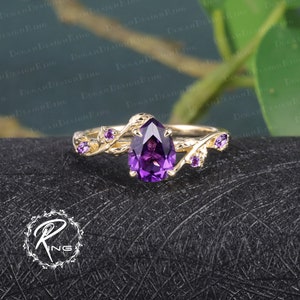 Unique Pear Shaped Amethyst Engagement Ring Rose Gold Engagement Ring Leaf Design Ring Nature Inspired Bridal ring Twist Anniversary Ring image 6