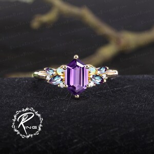 Vintage long hexagon cut amethyst engagement ring sets Art deco promise ring solid 14k 18k rose gold bridal sets Anniversary gifts for women image 7