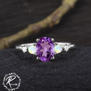 Unique oval cut amethyst engagement ring set Art deco purple gemstone promise ring Solid 14k rose gold bridal sets Handmade jewelry gifts image 9