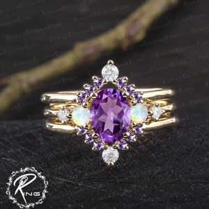 Unique oval cut amethyst engagement ring set Art deco purple gemstone promise ring Solid 14k rose gold bridal sets Handmade jewelry gifts image 7