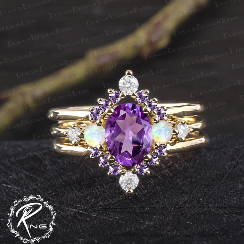 Unique oval cut amethyst engagement ring set Art deco purple gemstone promise ring Solid 14k rose gold bridal sets Handmade jewelry gifts image 7