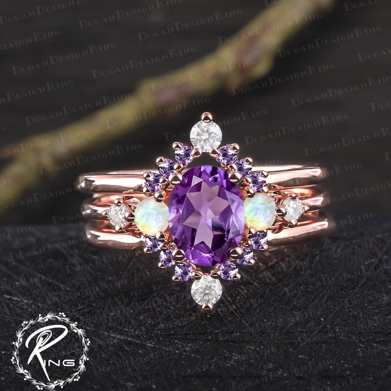 Unique oval cut amethyst engagement ring set Art deco purple gemstone promise ring Solid 14k rose gold bridal sets Handmade jewelry gifts 3PCS bridal set