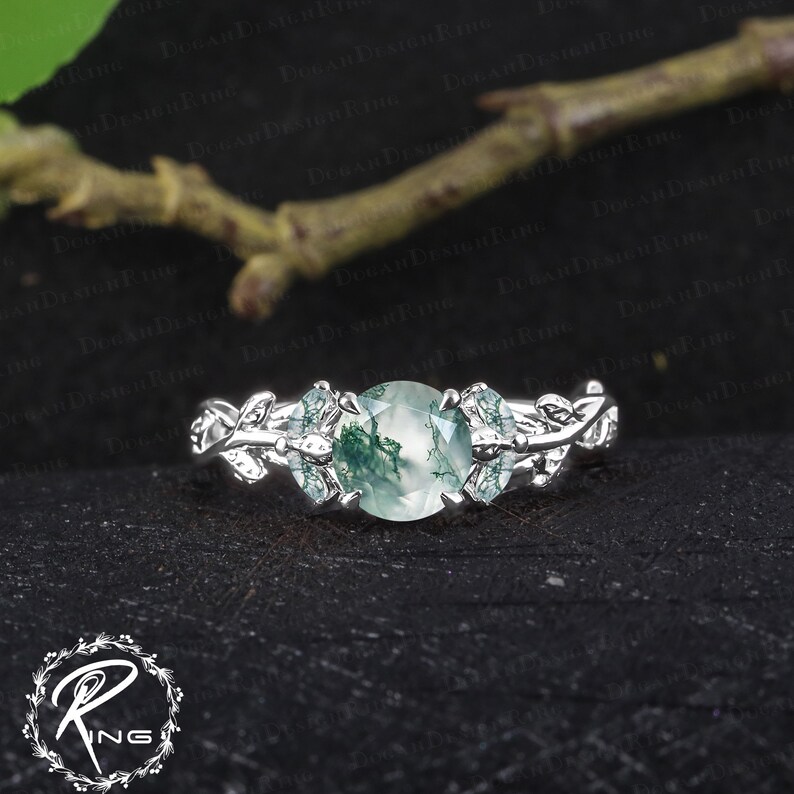 Unique Moss Agate Engagement Ring Art Deco Solid 14k 18k White Gold ...