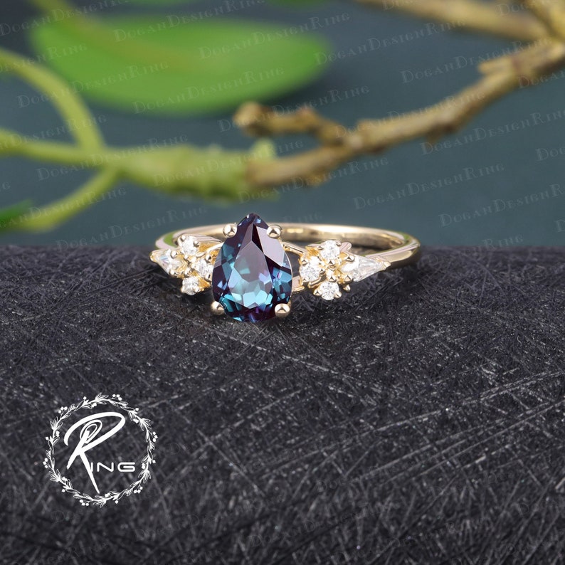 Vintage Pear shaped Alexandrite engagement ring Rose Gold Engagement Ring Unique Kite Cut Diamond Cluster Ring Art deco Promise Bridal ring image 6