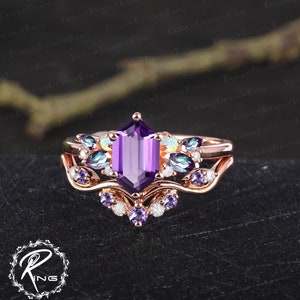 Vintage long hexagon cut amethyst engagement ring sets Art deco promise ring solid 14k 18k rose gold bridal sets Anniversary gifts for women image 2