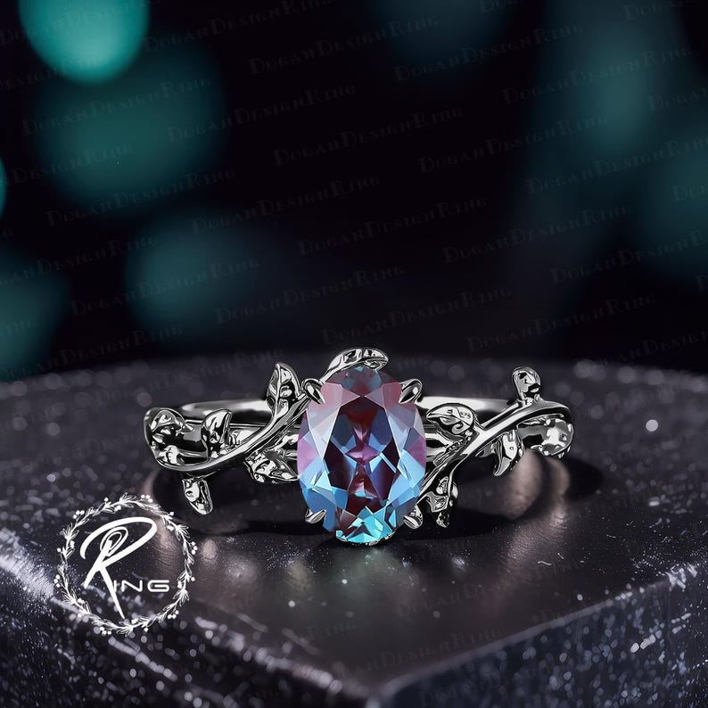 Oval Cut Alexandrite Engagement Ring Leaf and Vine Engagement Ring ...