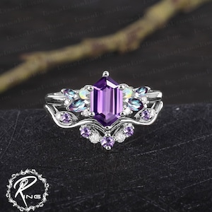 Vintage long hexagon cut amethyst engagement ring sets Art deco promise ring solid 14k 18k rose gold bridal sets Anniversary gifts for women image 8