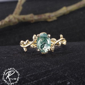 Oval cut Moss Agate Engagement Ring Leaf and vine Engagement Ring White Gold Ring Nature Inspired Alternative Gemstone Promise ring for her zdjęcie 10