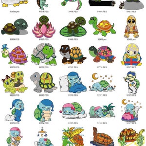 Könnte beinhalten: Eine Sammlung von 25 bunten gestickten Schildkröten-Designs. Die Designs zeigen Schildkröten in verschiedenen Posen, darunter schlafend, schwimmend und Blumen tragend. Die Designs sind perfekt für die Verwendung auf Kleidung, Wohnaccessoires und anderen Bastelarbeiten.