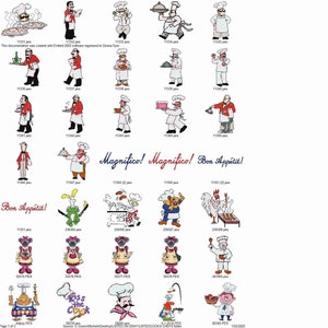 May include: A collection of 24 colourful embroidery designs featuring chefs, cooks, and food-related themes. The designs include a variety of poses and expressions, such as a chef holding a plate of food, a cook stirring a pot, and a chicken on a grill. The designs are perfect for adding a touch of fun and whimsy to any project.