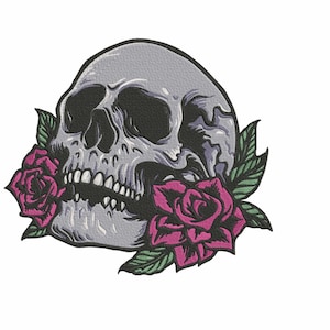 May include: A detailed illustration of a gray skull with dark shadows and visible teeth. Two vibrant pink roses with green leaves are positioned on either side of the skull, creating a striking contrast against the white background.