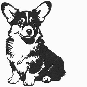 以下が含まれることがあります： 前足を交差させて座っているコーギー犬の白黒シルエットです。